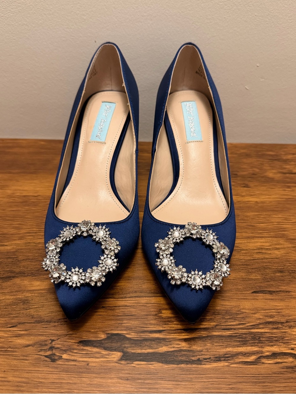 Betsey Johnson Navy Satin Pointed Toe Pumps with Crystal Wreaths